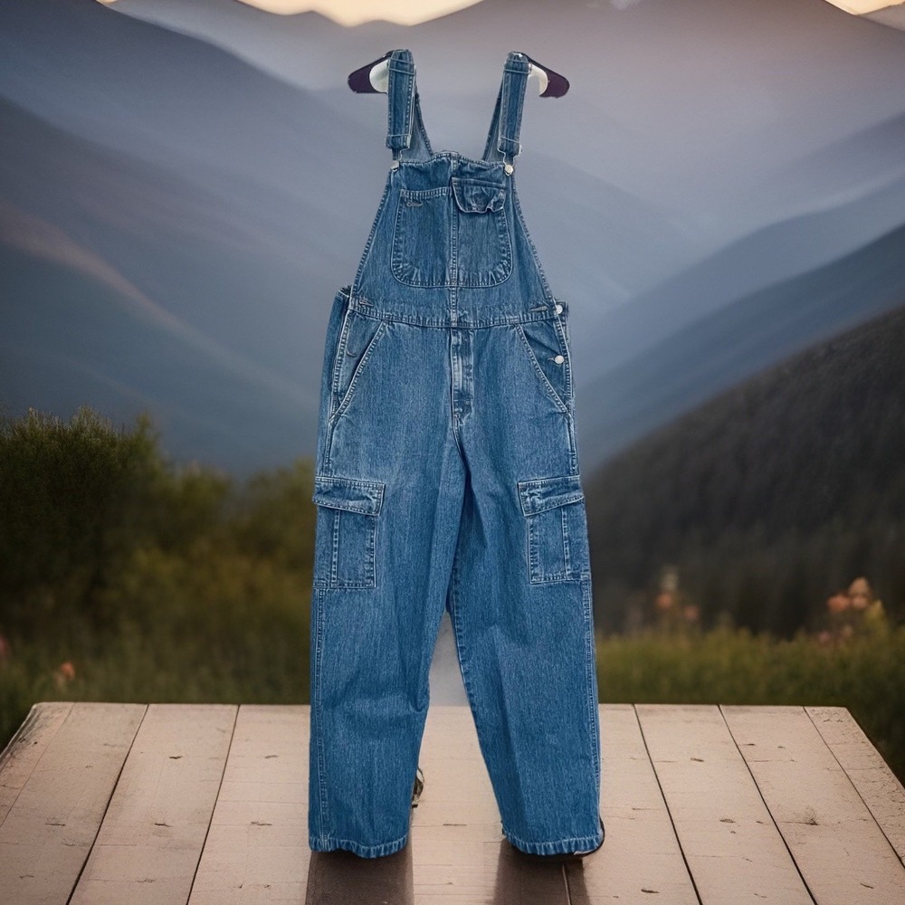 Vtg Faded Glory Overalls Mens 36x30 Blue Denim Cargo Workwear Utility Pockets